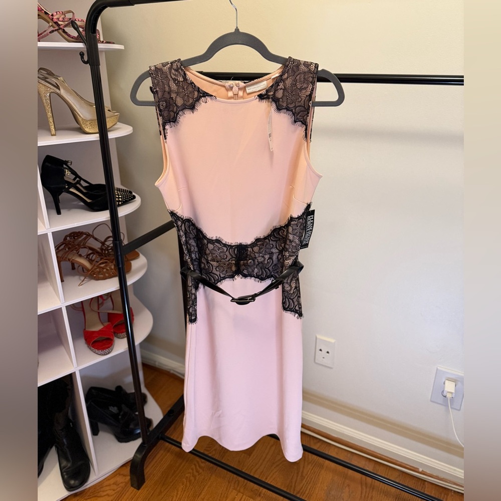 New York & Company Pink and Black Lace Midi Dress